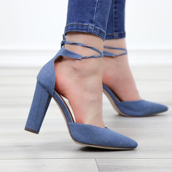 Denim Pointy Toe Block Lace-Up High Heel Pumps - Picture 7 of 12